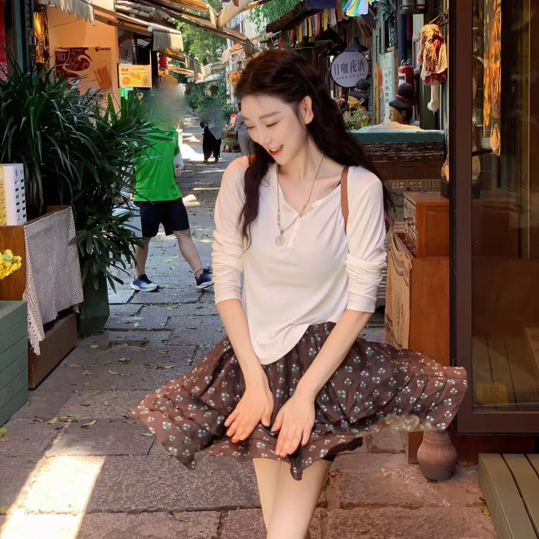 OUDOCKEE 鸥鸥 【亚麻】小花裙 碎花层叠抽绳蛋糕短裙 B2503X477T