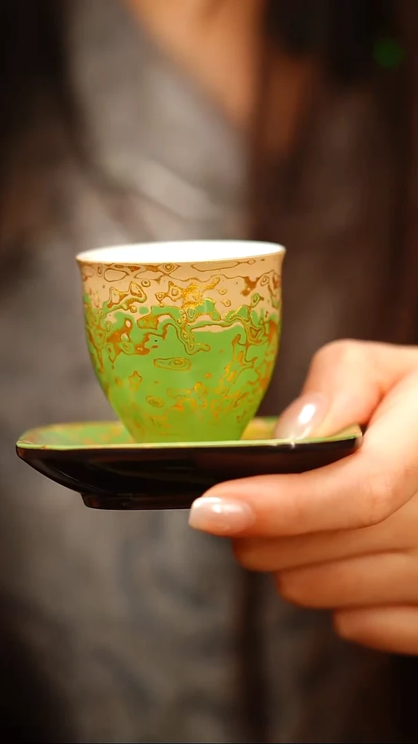 @犀皮渐变白绿金一杯一垫@非遗大漆