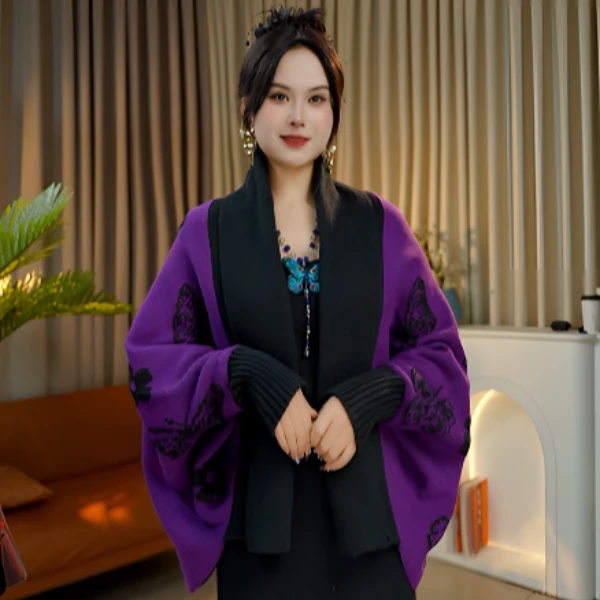2025百搭高档中长款蝴蝶提花秋冬高级感斗篷披肩女时尚