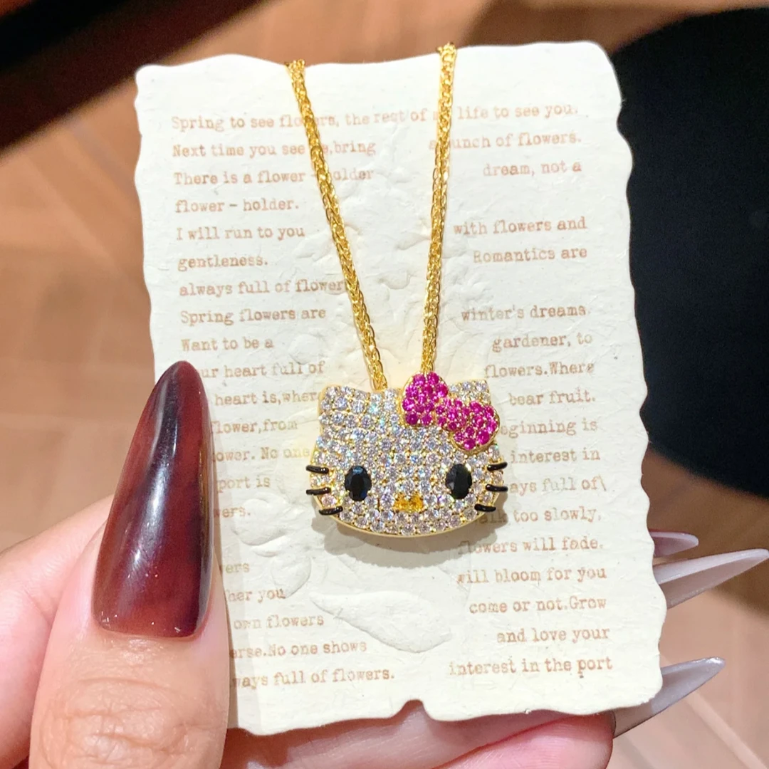 铜合金项链 新中式可爱卡通kitty猫满钻项链时尚显白少女心锁骨链
