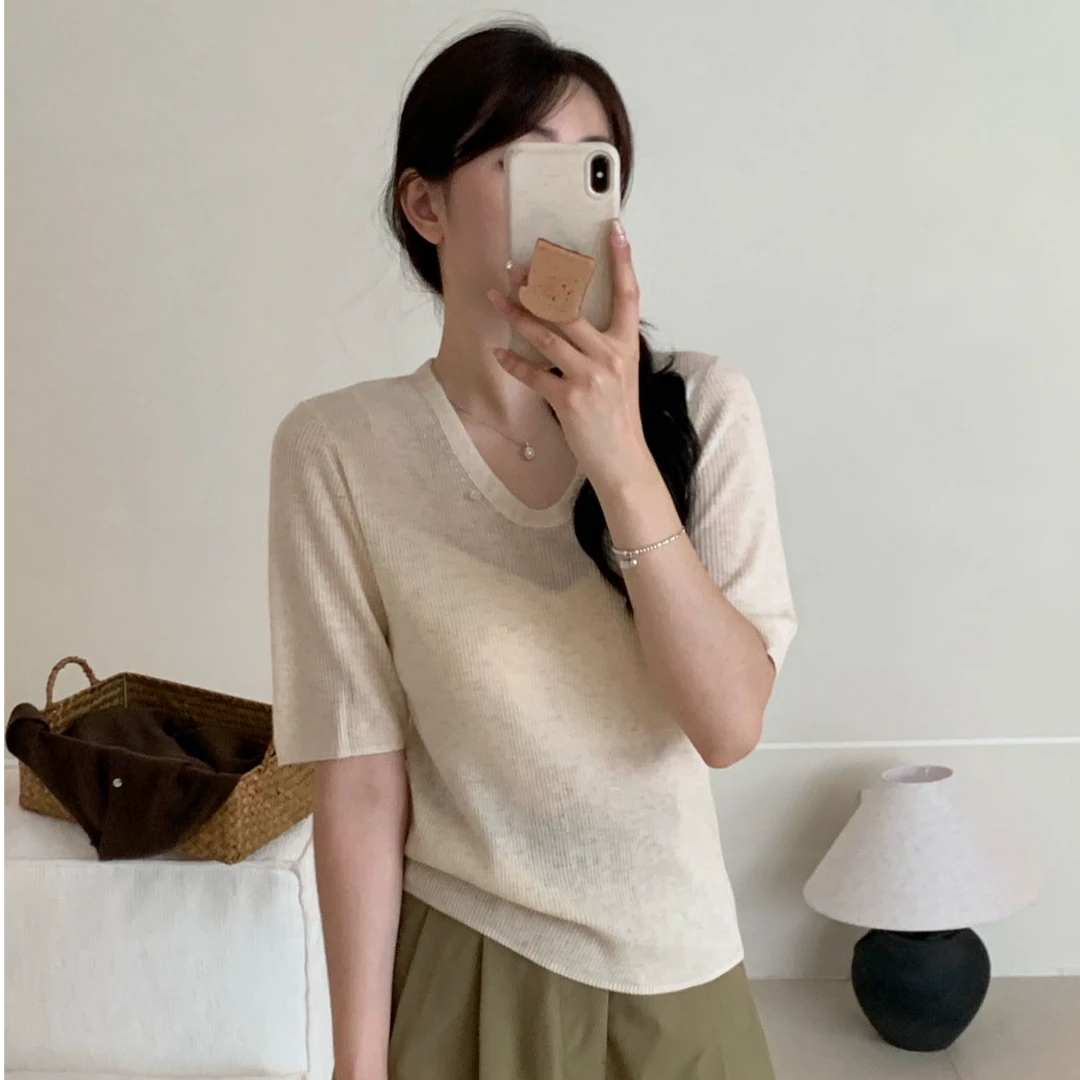 朵儿定制【风之呓语】鹅蛋领纯色短袖针织衫 简约软糯上衣女HW33