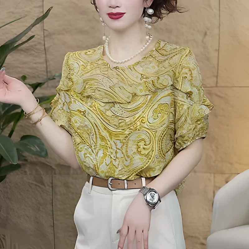 【歌莱图】2025夏季时尚设计感荷叶边拼接印花短袖T恤修身上衣#8918