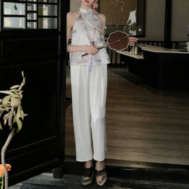 【玉钗摇】新中式国风提花挂脖上衣+缎面休闲裤套装；