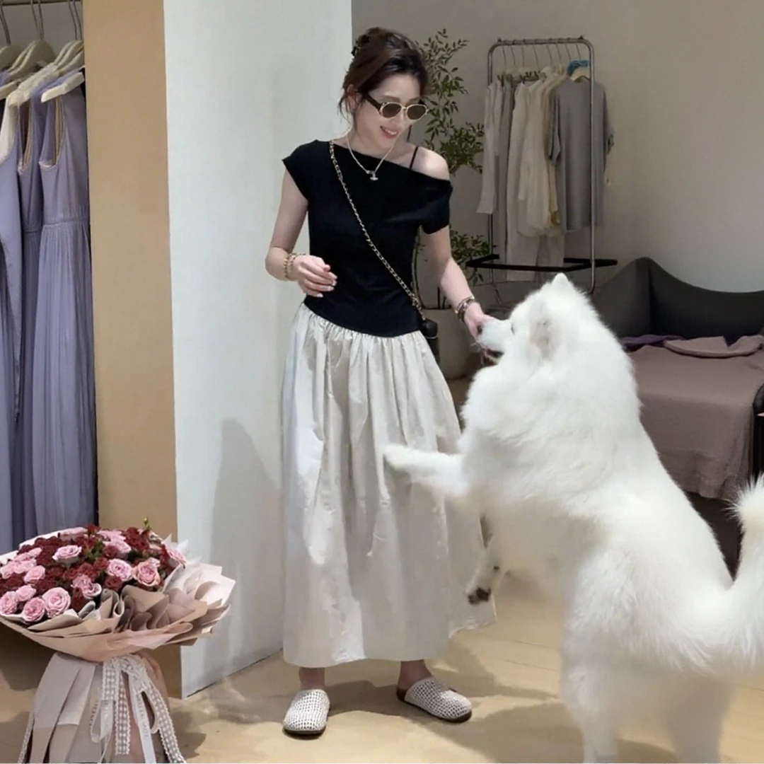 法式赫本风显瘦简约设计感百搭气质连衣裙女夏季新款假两件长裙子