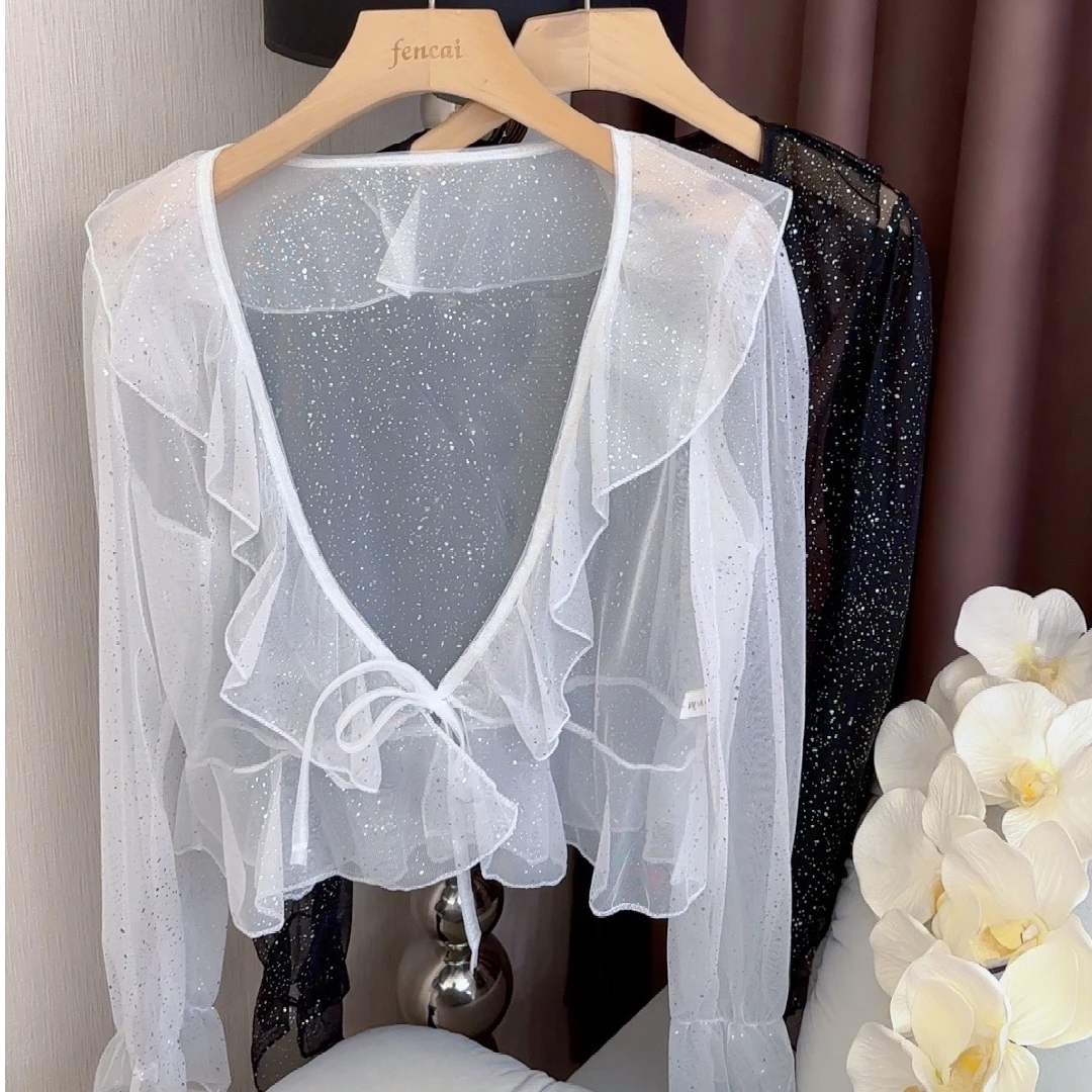 L.X~温柔风设计感闪闪亮片拼接荷叶边系带防晒开衫女小披肩6279