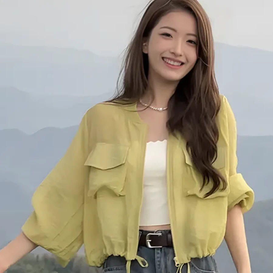 防晒衣女外穿2023新款夏季收腰短款宽松小个子开衫上衣空调衫外套