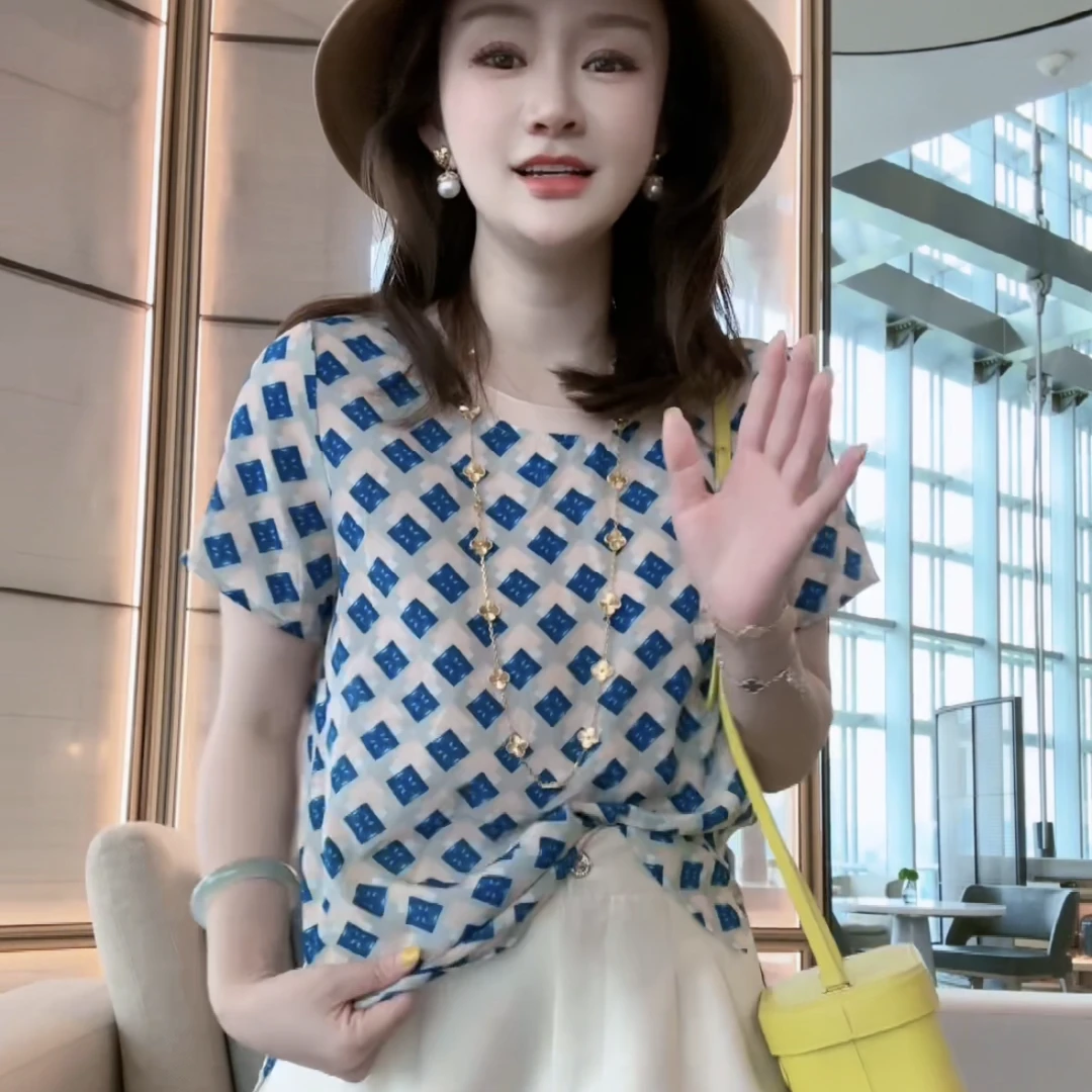 【深圳南油】（F098）100%真丝双绉方块图案桑蚕丝t恤上衣