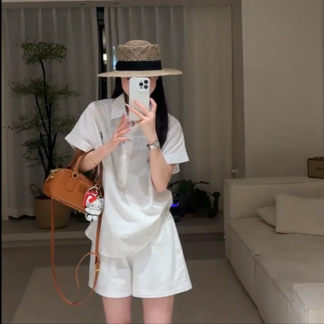 2593老钱风薄款套装女刺绣宽松显瘦时尚百搭短袖POLO领上衣+短裤