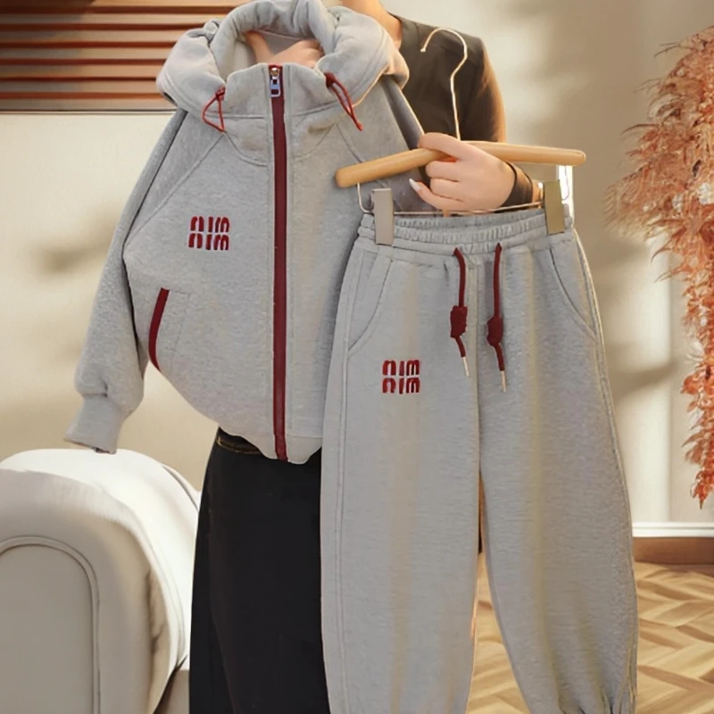 男女童春季新款秋款儿童时尚休闲洋气中大童灰色连帽套装两件套潮