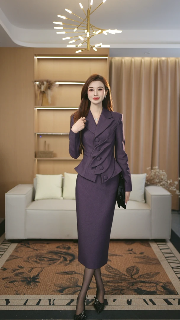 罗曼定制 高定原创紫色气质长袖时尚套装秋季+包臀半身裙两件套