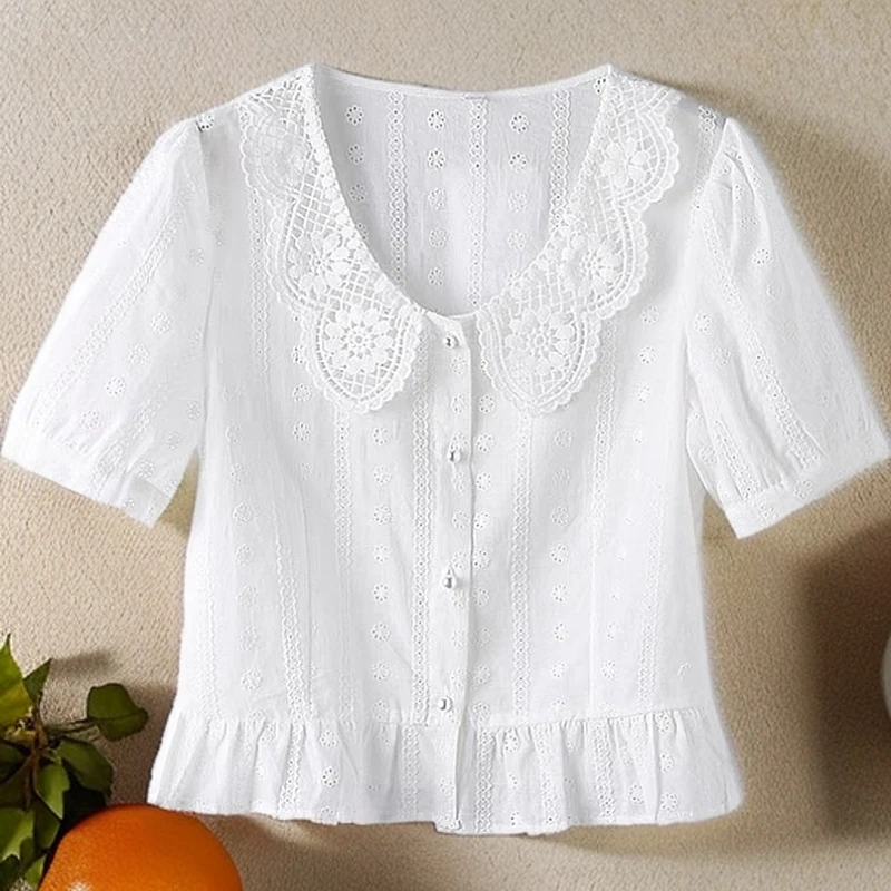 88A36#拼接夏季甜美甜美木耳边刺绣衬衫蕾丝镂空薄款白色上衣外搭