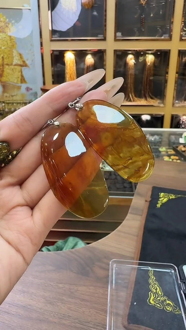 琥珀银S925镶嵌耳饰切片耳钩