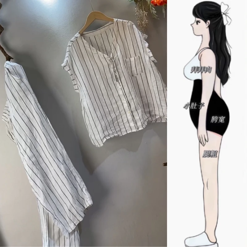 女早秋新款设计感套装宽松复古休闲小众条纹包袖衬衫九分裤两件套