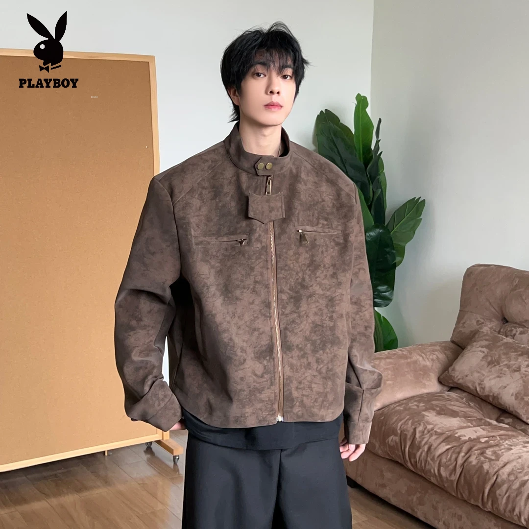 花花公子男夹克宽松立领短款休闲春秋百搭潮流美式机车服复古外套