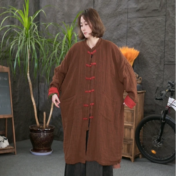 【盘扣双层长外套】qq秋季亚麻外搭复古盘扣纯色外套大码开衫女装