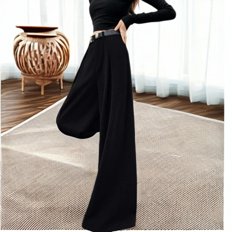GPTSu高级感黑色毛呢阔腿裤女秋冬款高腰休闲美拉德舒适拖地长裤