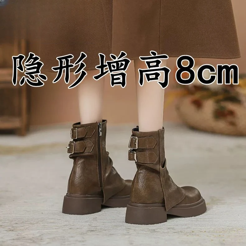 美拉德~棕色靴子女短靴内增高8cm褶皱堆堆靴小个子复古厚底马丁靴