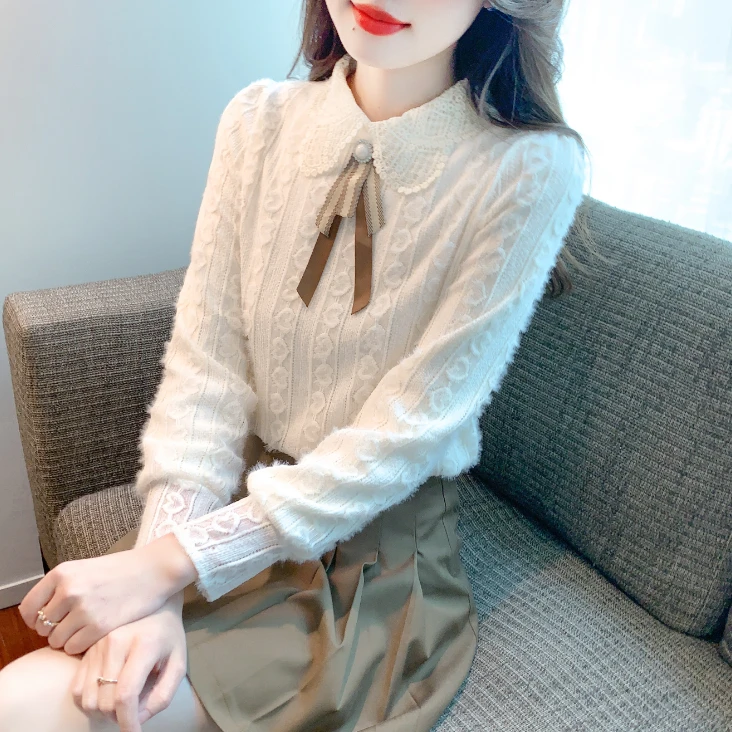 2025秋冬款蝴蝶结娃娃领蕾丝衫雪纺衫女设计感打底衫甜美长袖上衣