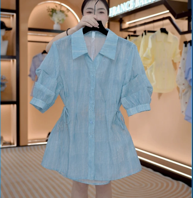 “海洋”夏季欧若风新款设计师时尚显瘦遮肉衬衫套装 F052