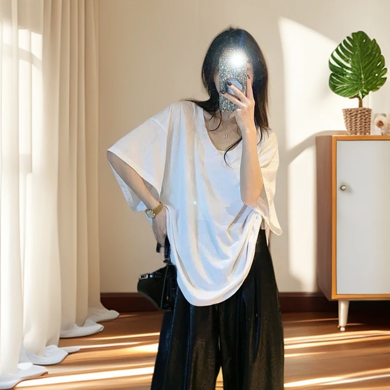 松弛感慵懒风宽松大V领口纯色基础款短袖T恤上衣女夏季百搭显瘦