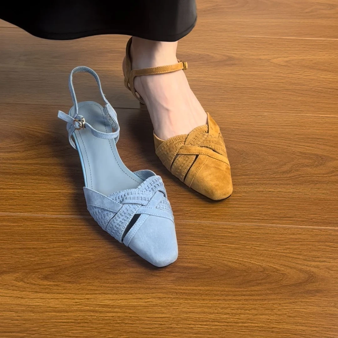 4.5CM羊猄法式气质编织包头凉鞋女夏季百搭一字扣带细跟高跟鞋