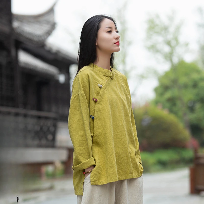 2025春夏新款棉麻女装复古立领偏襟拼色砂洗盘扣上衣长袖女式衬衫