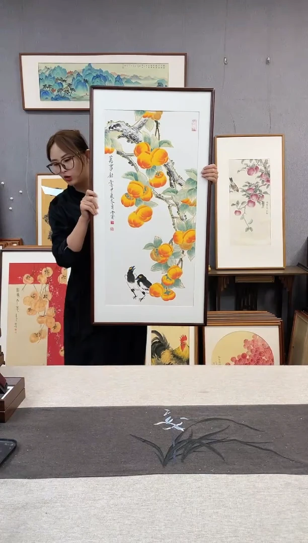 【闪购商品】国画刘玉学-手绘带框作品-53*103-柿子