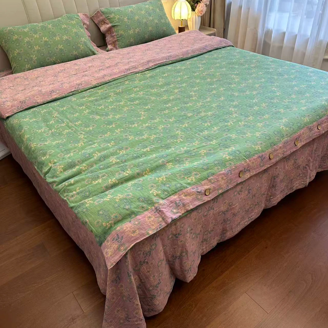 【品牌在售】纽扣AA版高端全棉软糯亲肤色织双层纱四件套-美人绿