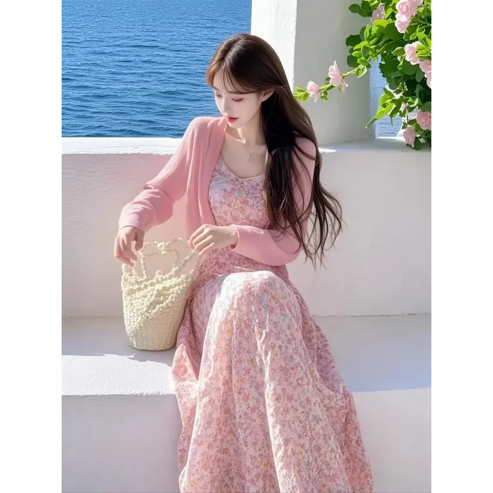 2025春季法式气质名媛高端女神范漂亮独特开衫粉色碎花连衣裙套装