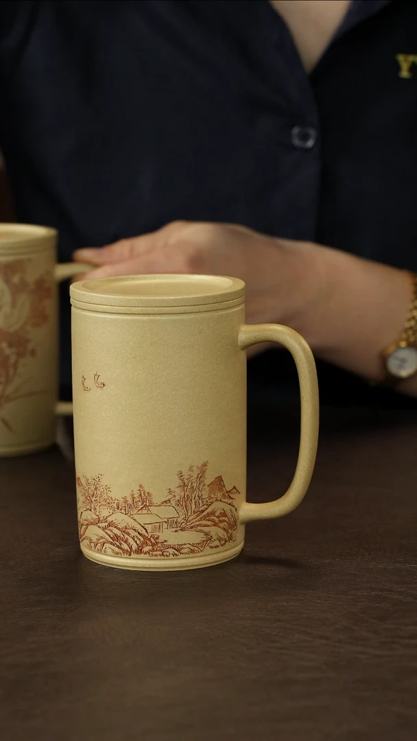 茶杯紫砂李建军本山绿盖杯刻绘山水180cc