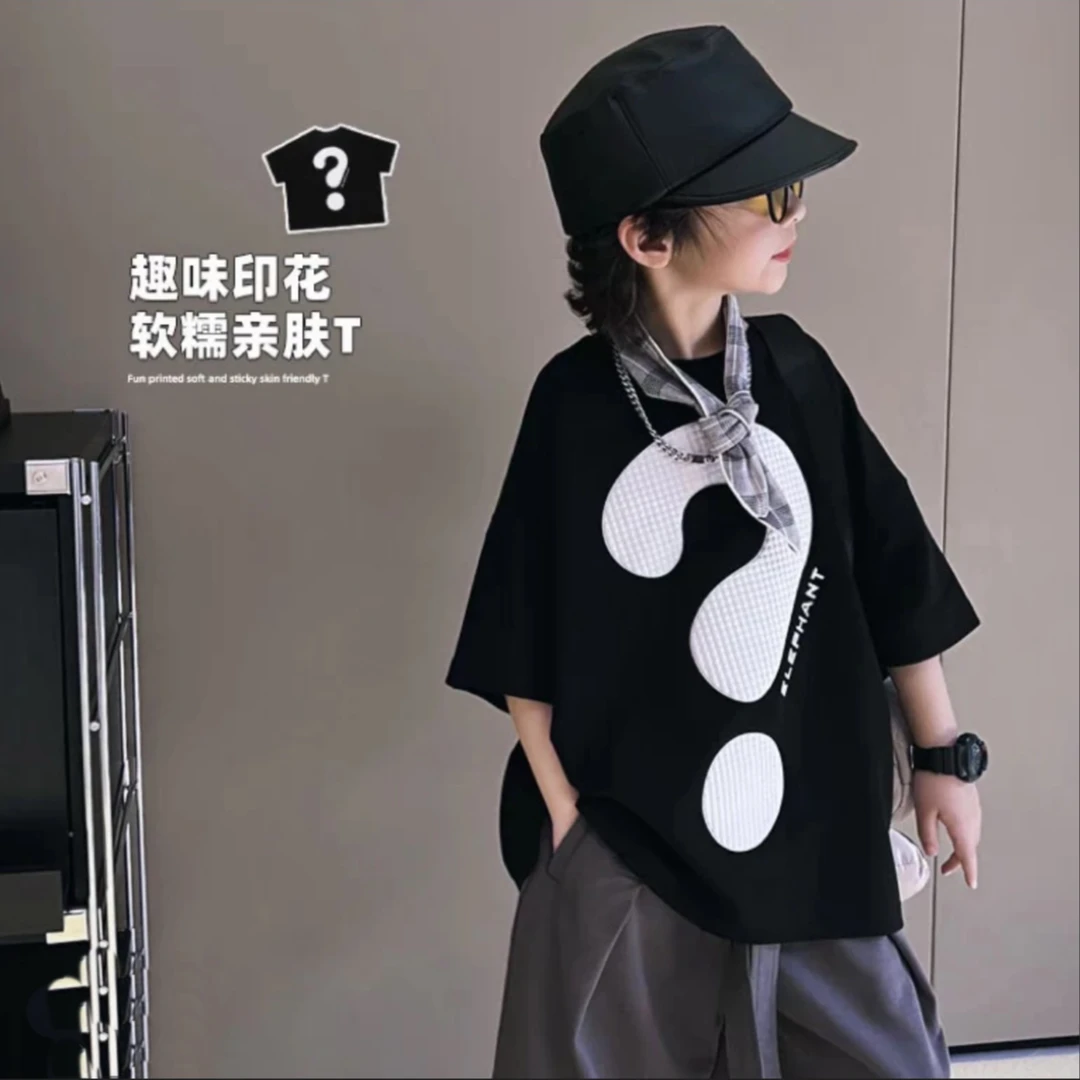 亲子装问号儿童中大童韩版上衣宽松女印花ins中性T恤休闲风