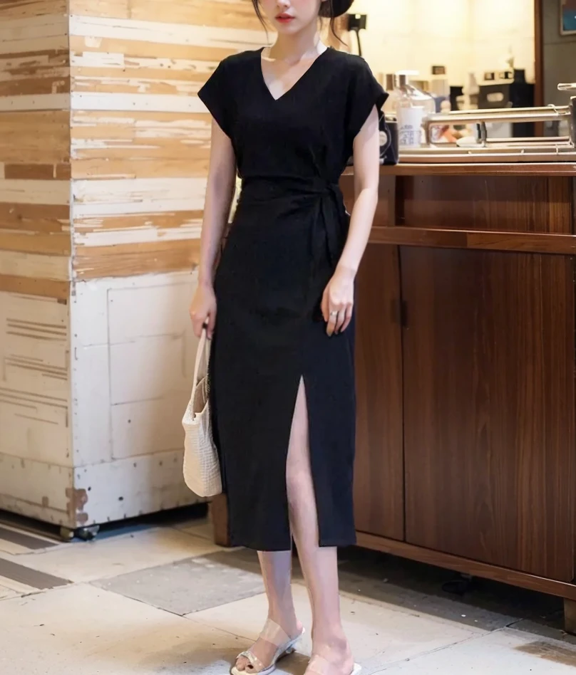 5008法式开叉小个子连衣裙女夏季新气质收腰显瘦高级感修身长裙