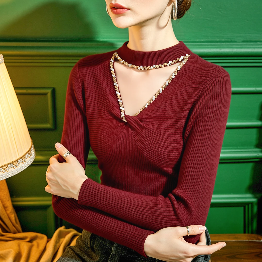 XS#挂脖扭结V领长袖订珠针织衫女秋冬修身显瘦加厚毛衣A498H