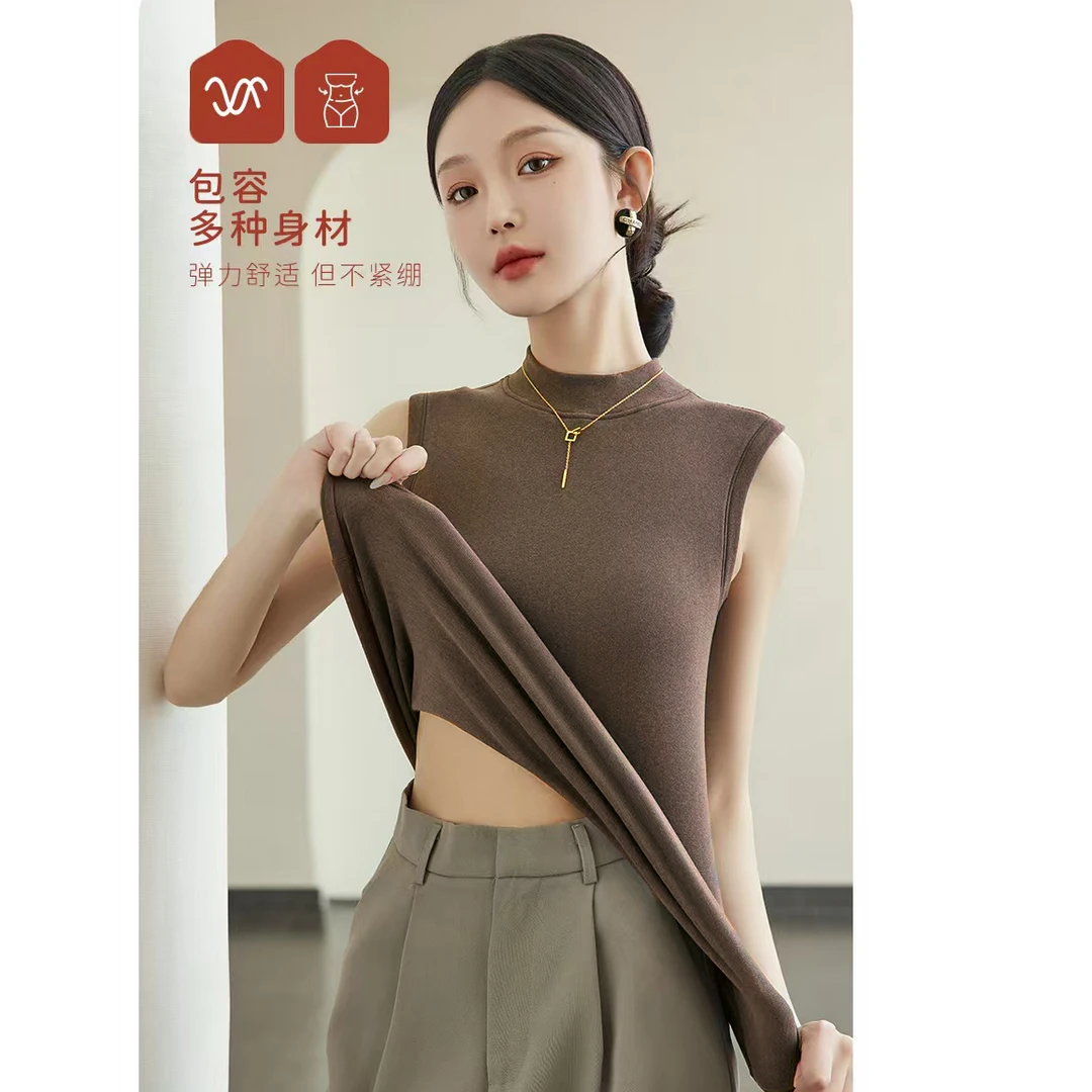 A707立领双面磨毛带胸垫一体杯防寒保暖免穿文胸薄绒无袖打底背心