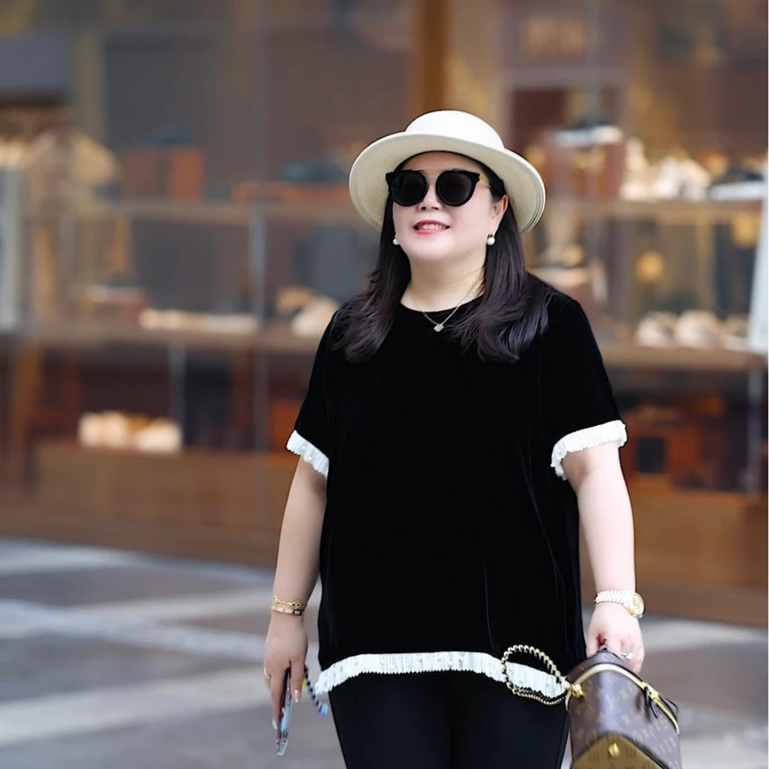 【深圳霞姐】夏季新品大码女装撞色花边桑蚕丝真丝丝绒上衣