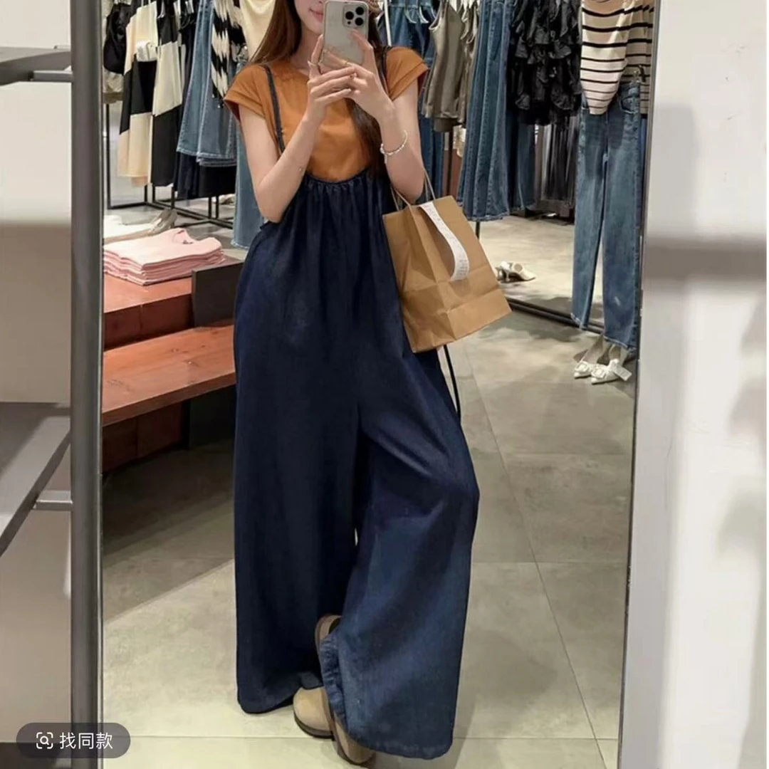 韩版休闲宽松牛仔背带裤T恤两件套装夏阔腿裤显瘦时尚连体裤