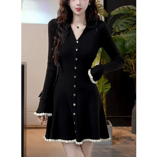 S1落日藏匿法式气质黑色收腰显瘦针织连衣裙女