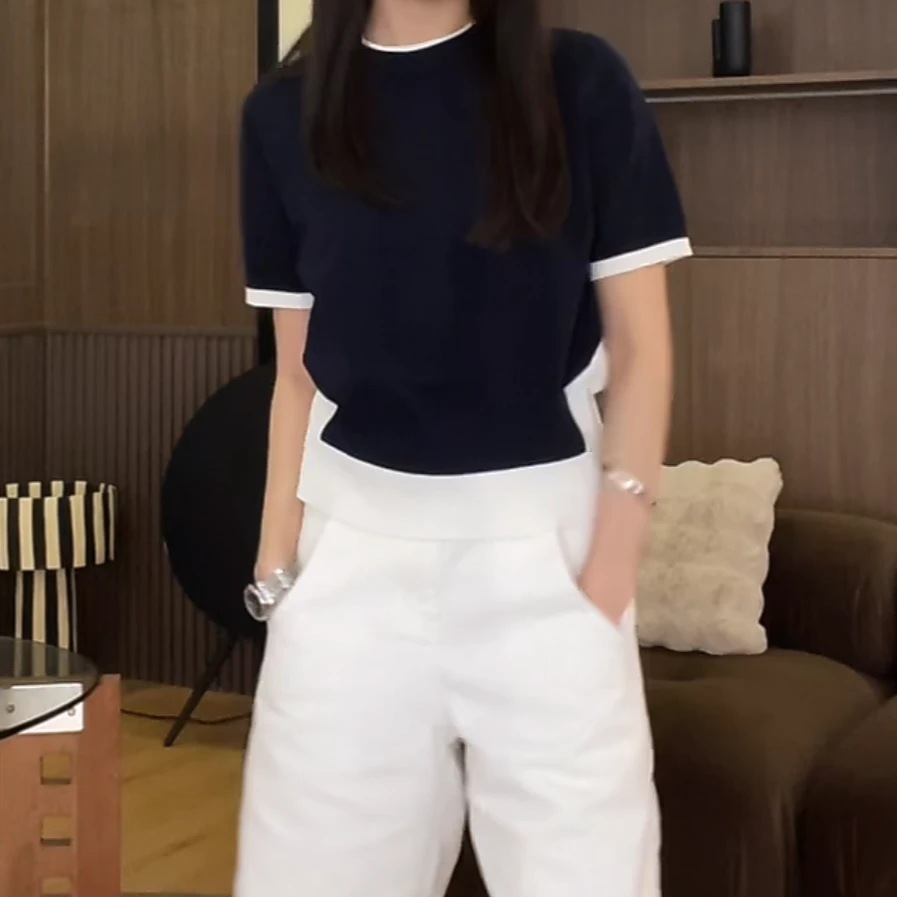极简设计感撞色拼接透气舒适T恤女2025春夏新款显瘦减龄短袖上衣