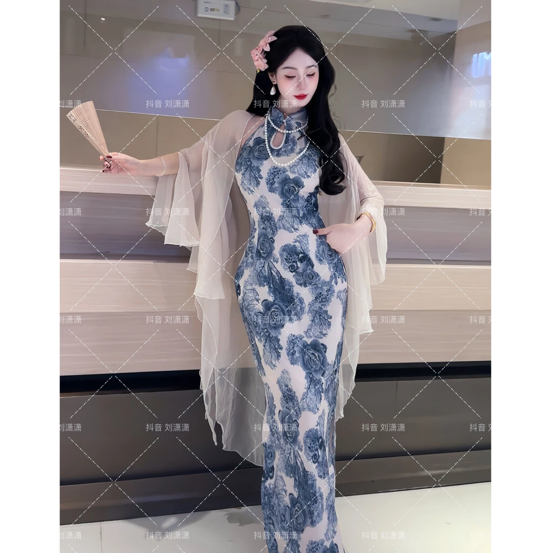 【玉骨青瓷】潇夫人自制新中式国风提花青花瓷旗袍