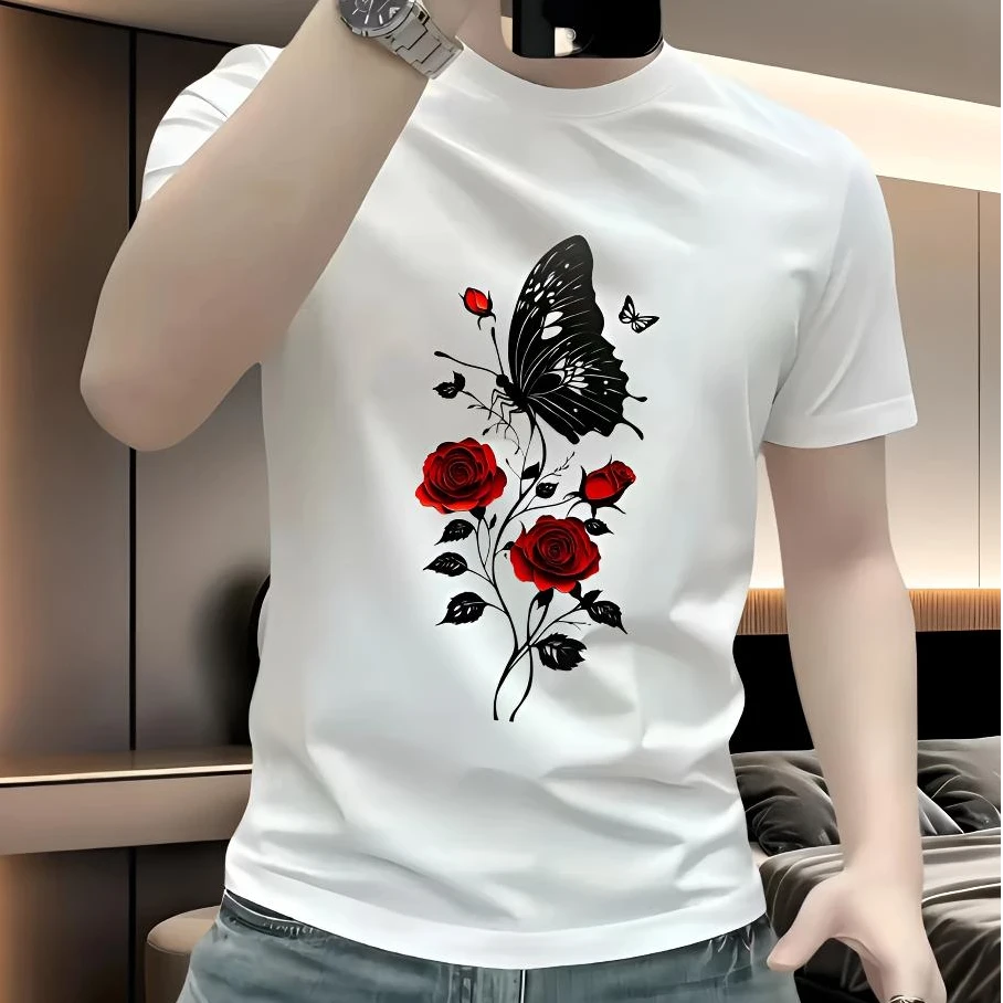 新款百搭潮牌T恤男重磅短袖高级设计感爆款蝴蝶印花半袖上衣体恤