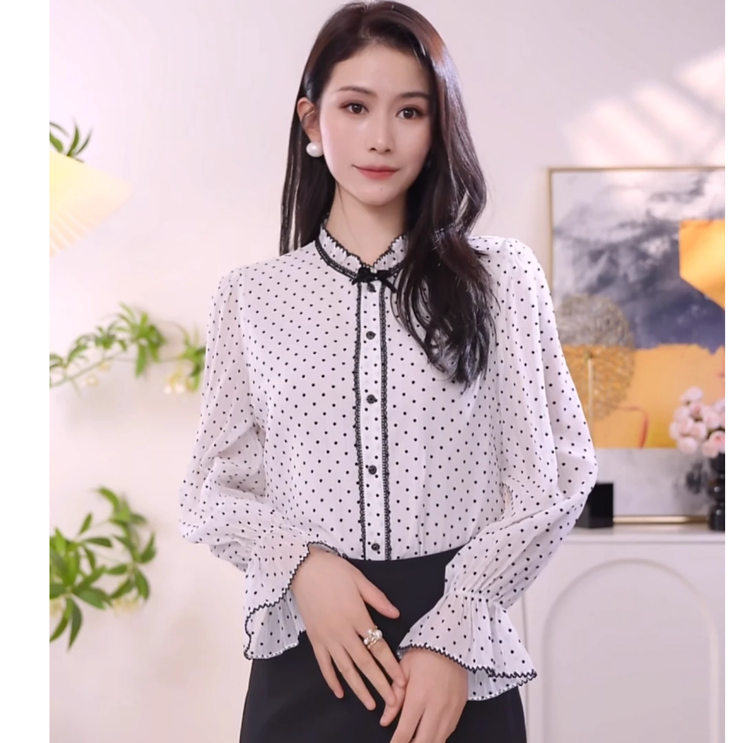 复古蕾丝翻领衬衫长袖上衣波点雪纺衫女装木耳领百搭