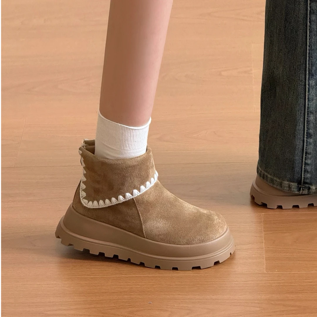 真皮复古勃肯短靴女款2025秋冬新款圆头百搭厚底马丁靴绒面短筒靴