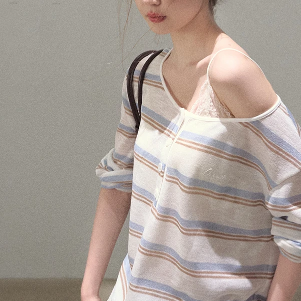 韩系薄款撞色条纹防晒长袖T恤2025夏季新款宽松设计感上衣女