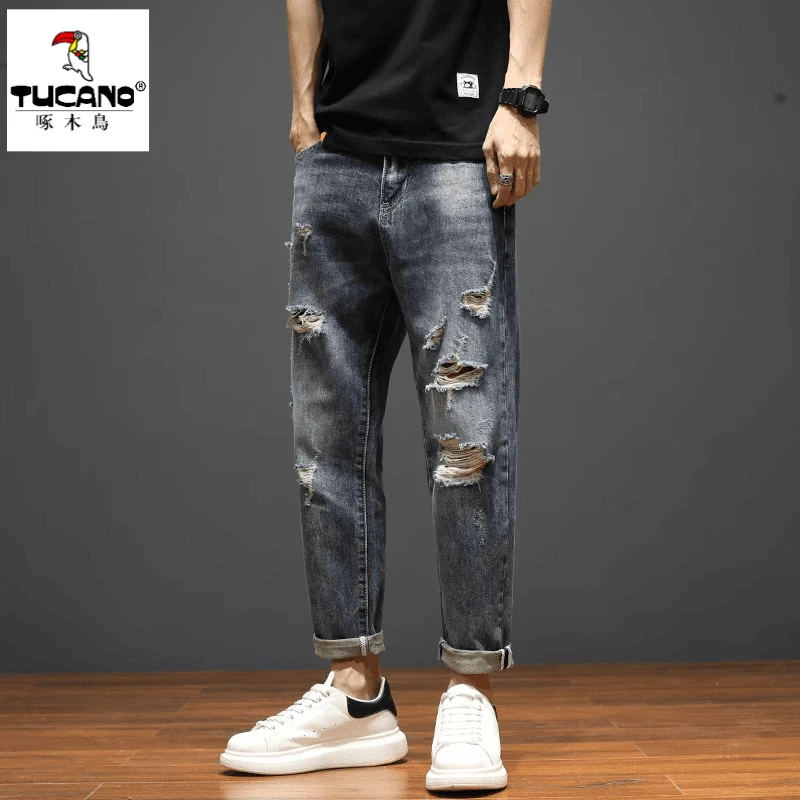 啄木鳥TUCANO潮牌柔软破洞牛仔裤夏季新款薄款时尚百搭哈伦九分裤