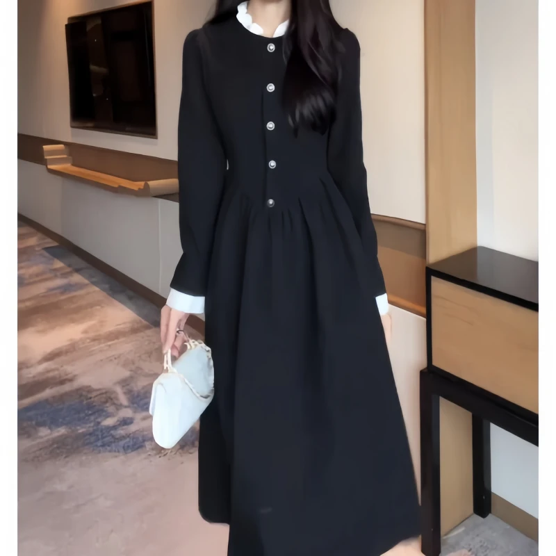 早秋设计感拼接花边法式小香风连衣裙长袖时尚风休闲风黑色小黑裙