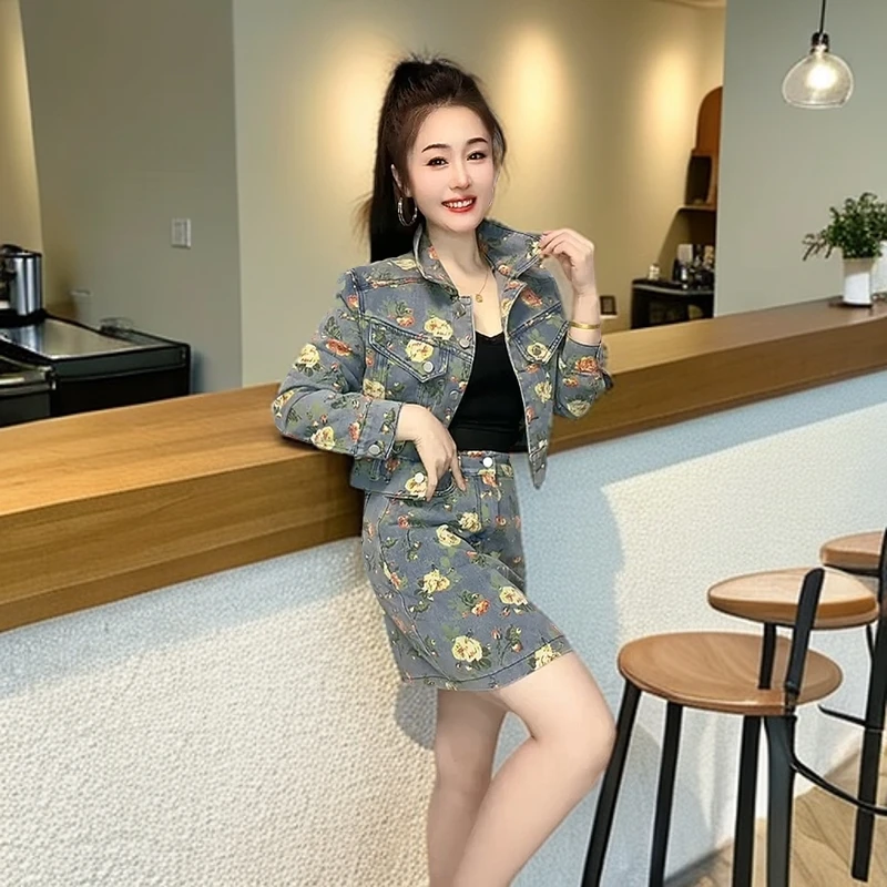 2025新款简约时尚印花牛仔套装显瘦设计遮肉洋气两件套春夏女装