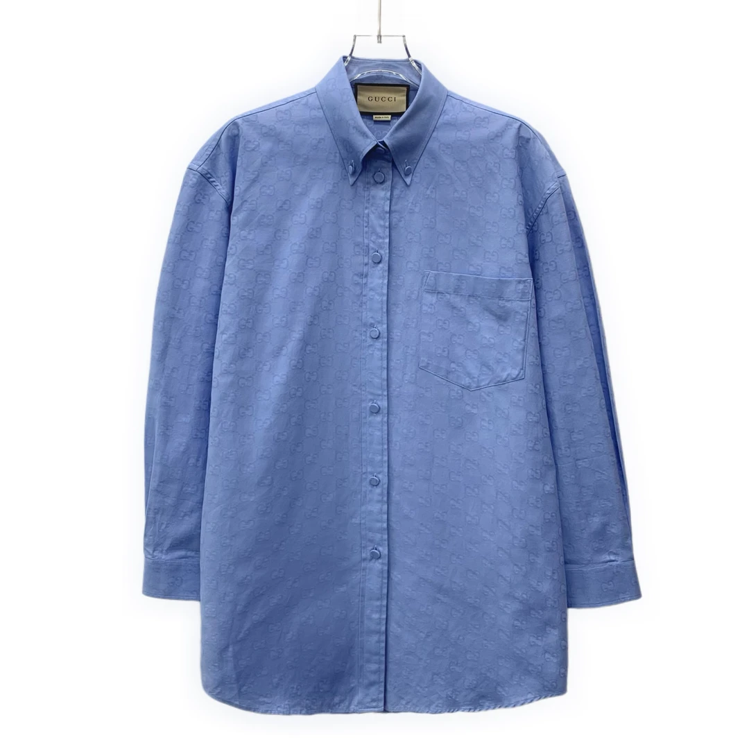 95新 GUCCI/古驰 HM0009 蓝色logo提花满印棉质长袖衬衫 36 XS码