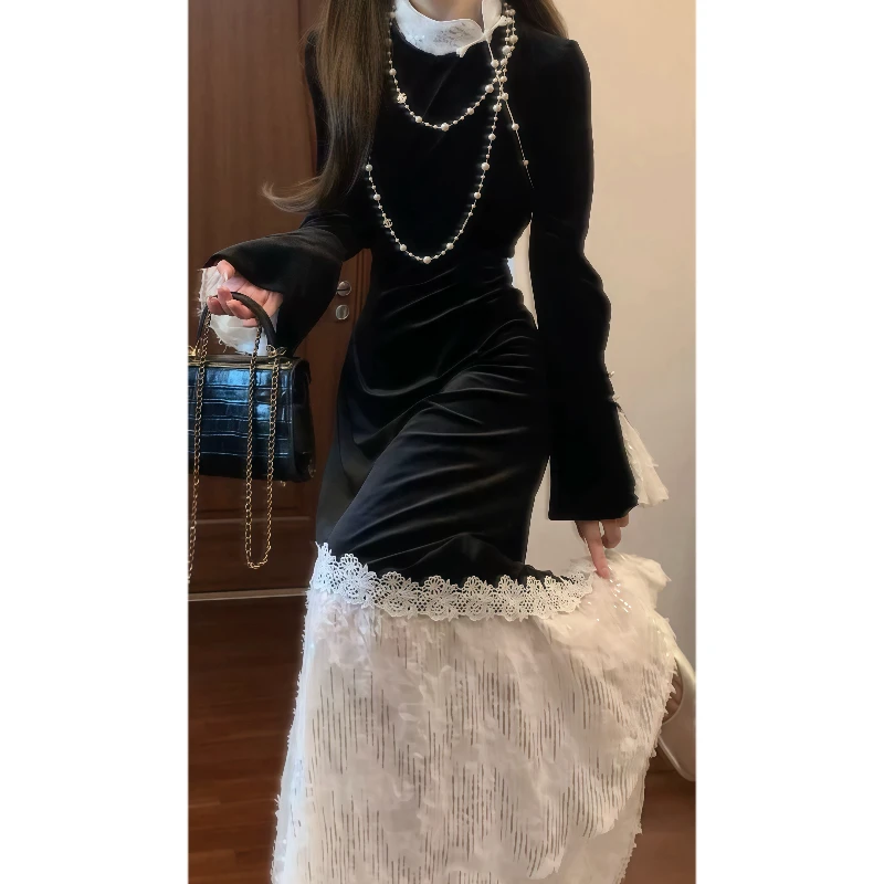 新中式国风复古丝绒拼接假两件改良旗袍连衣裙收腰气质长裙9819