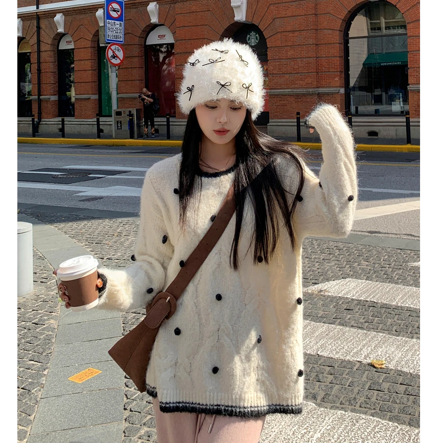 QC李潇洒微胖大码韩系温柔立体波点羊毛毛衣冬季宽松显瘦撞色上衣