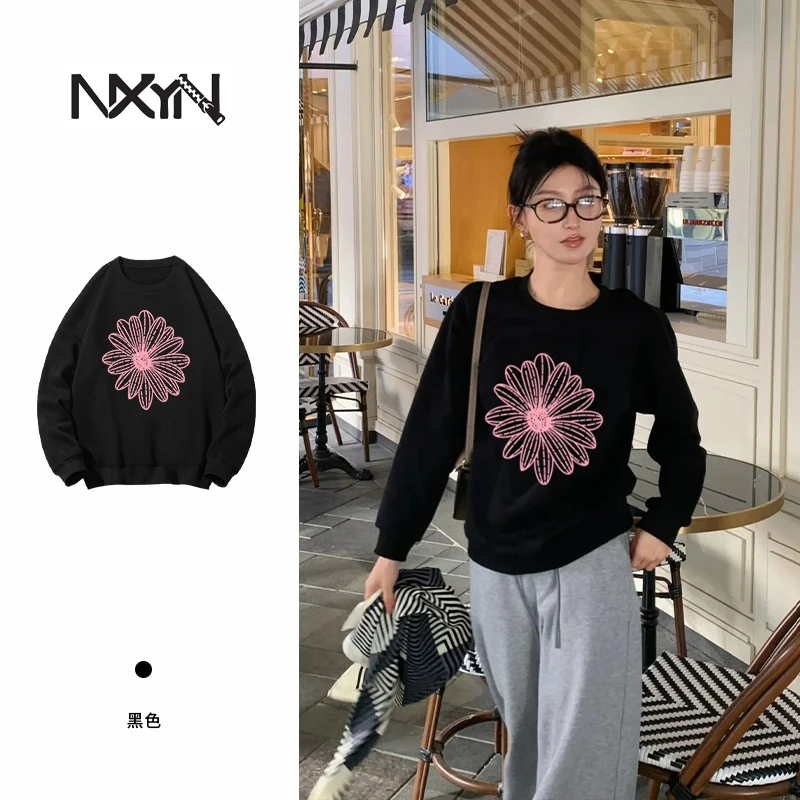 NXYN2025无字雏菊印花落肩慵懒风卫衣男女同款DJ-1583